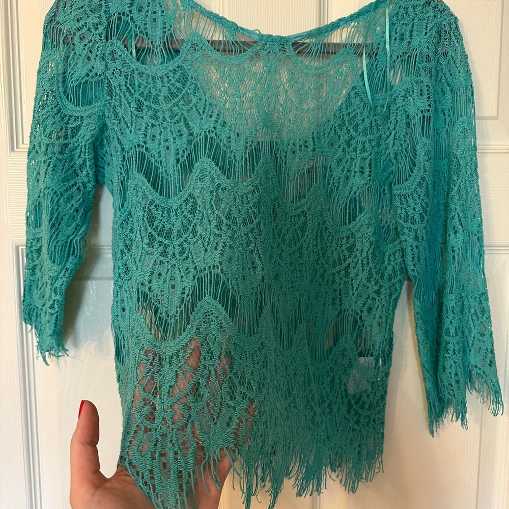 Ezra Turquoise Lace Top with Fringe
